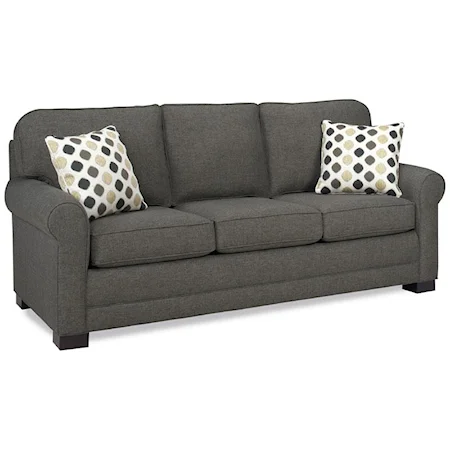 Casual Sofa with Attached Back Pillows and Exposed Wood Block Legs